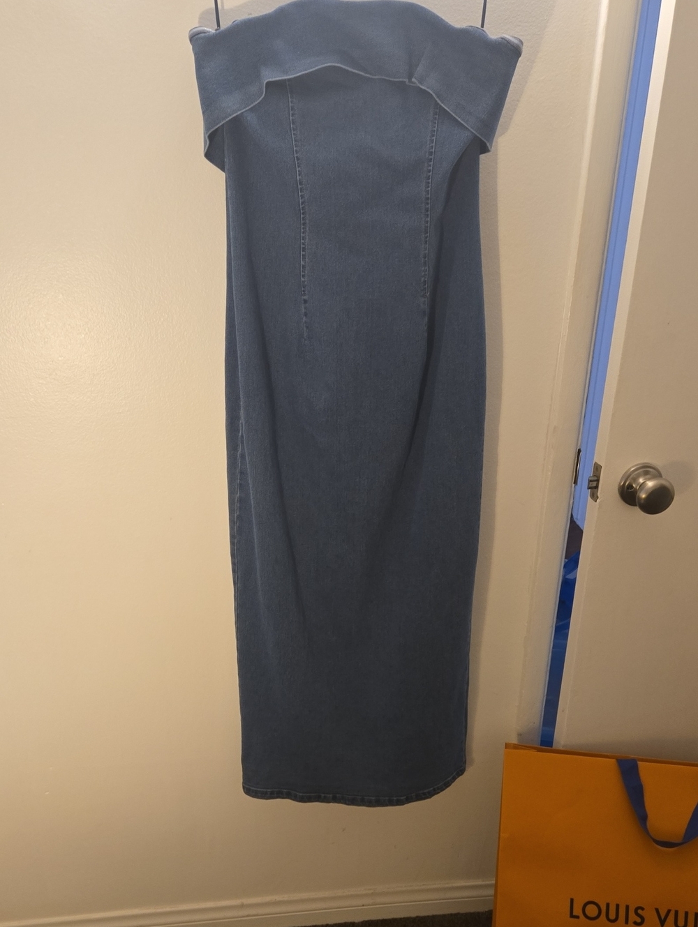 Body Hugging Strapless Denim Fold-Over Maxi Dress in Dark Blue